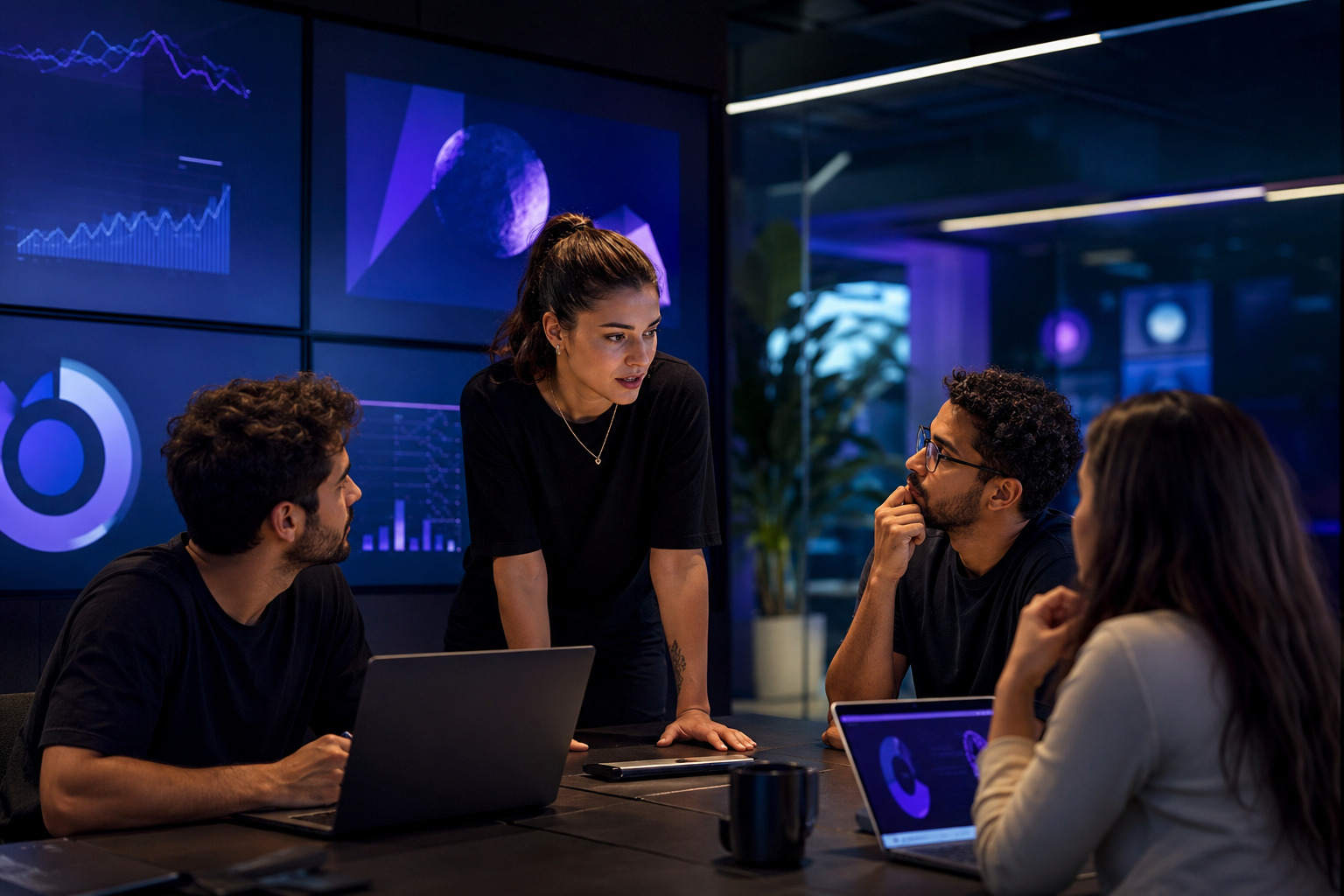 Equipe brasileira de marketing planejando conteúdos e analisando métricas